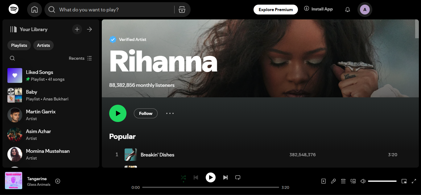 Rihana - the famous artist among the top 500 on Spotify