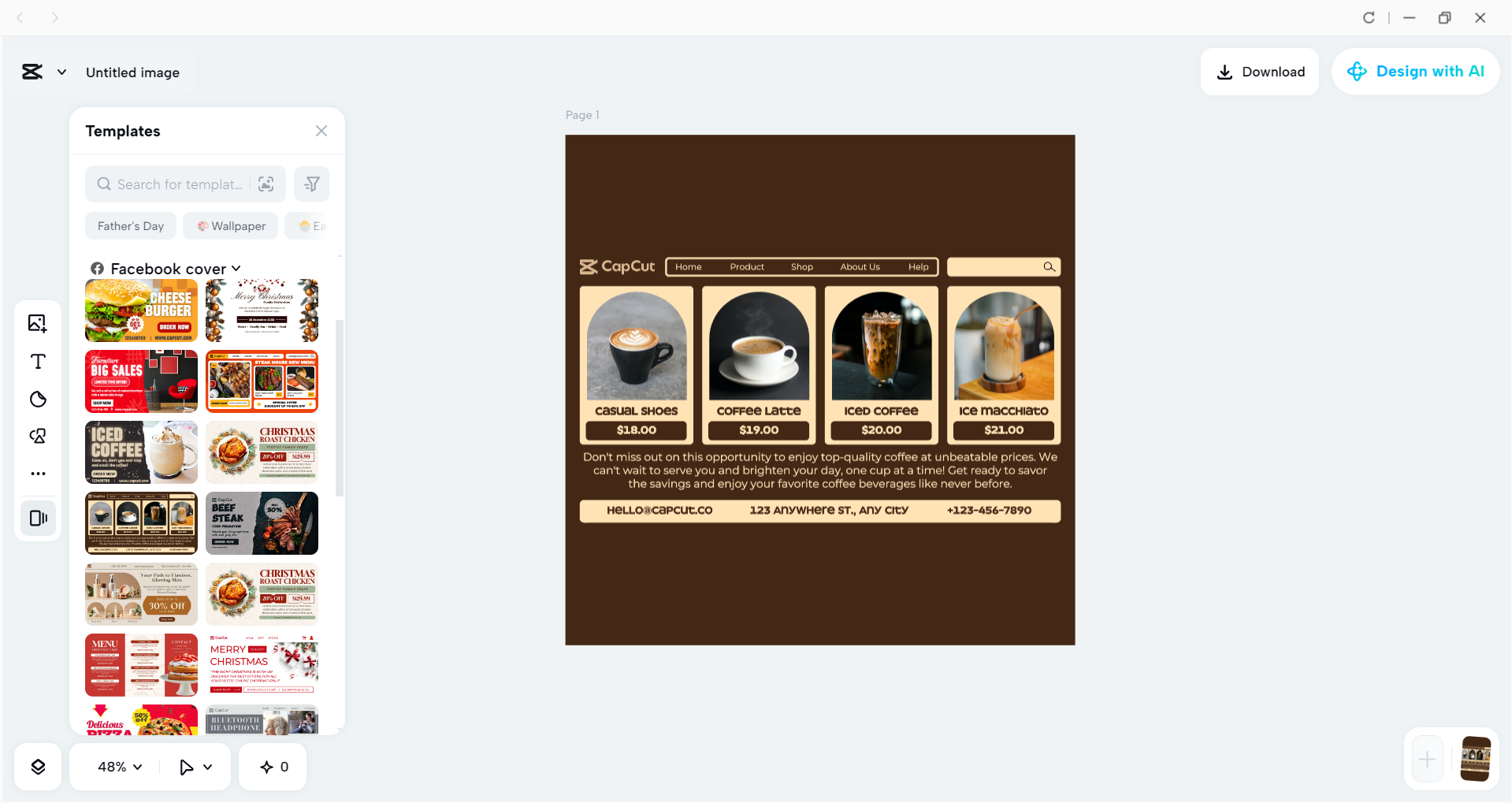Interface of the CapCut desktop video editor - a tool to customize Facebook cover image templates