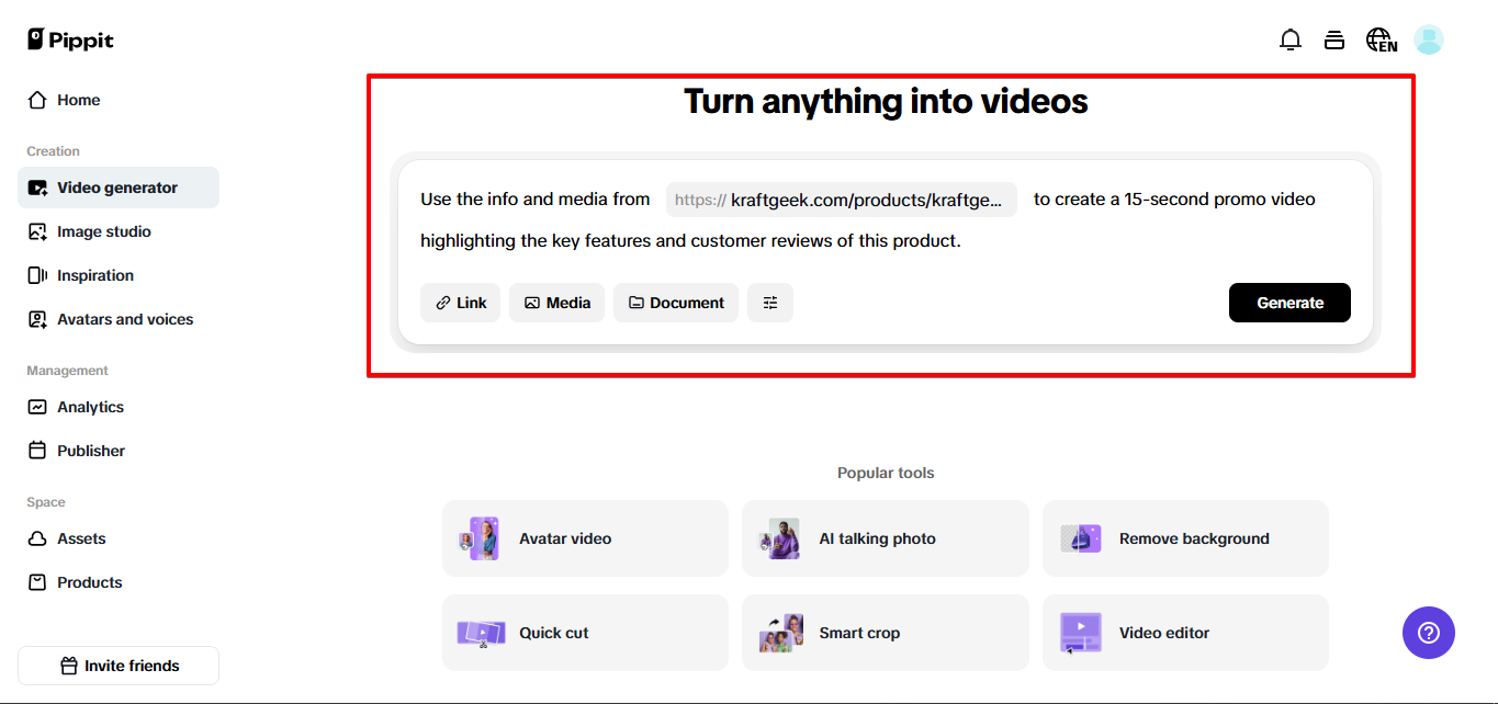 Entering prompt in Pippit video generator