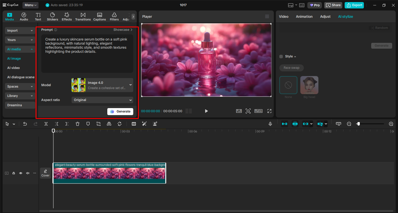 Entering a prompt in the CapCut desktop video editor