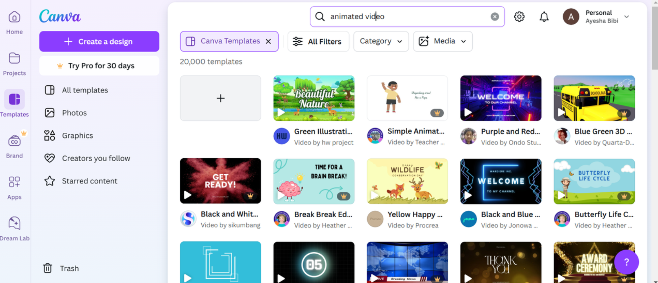 Antarmuka Canva - pembuat video penjelasan animasi serbaguna tersedia secara gratis