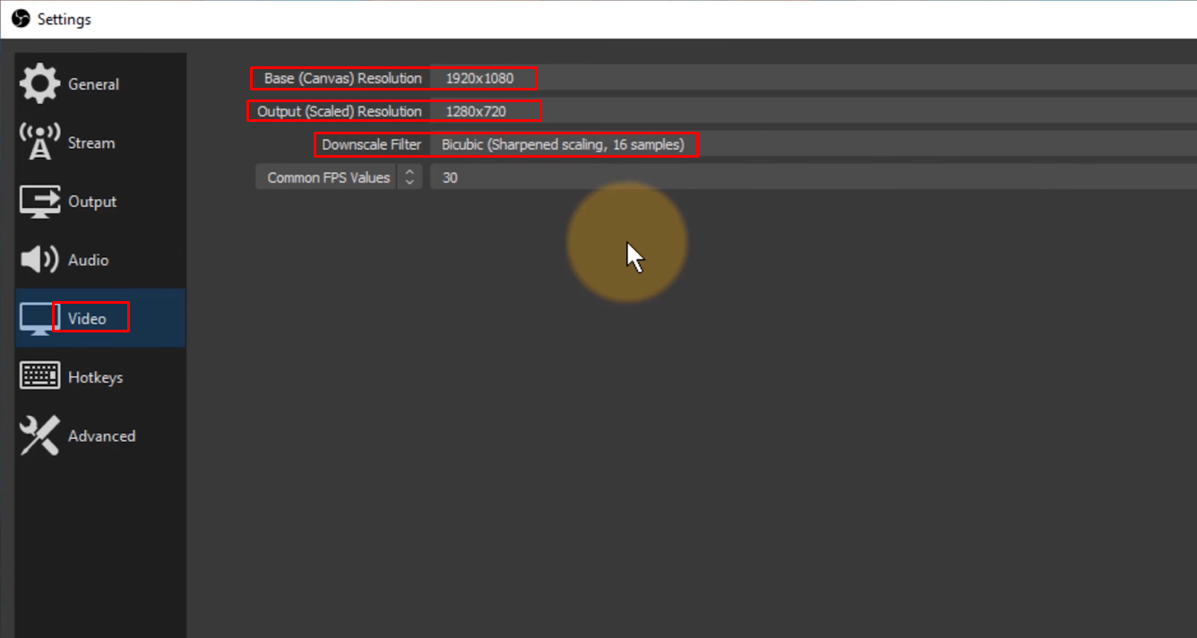 Ajuste de la resolución en el estudio de grabación OBS