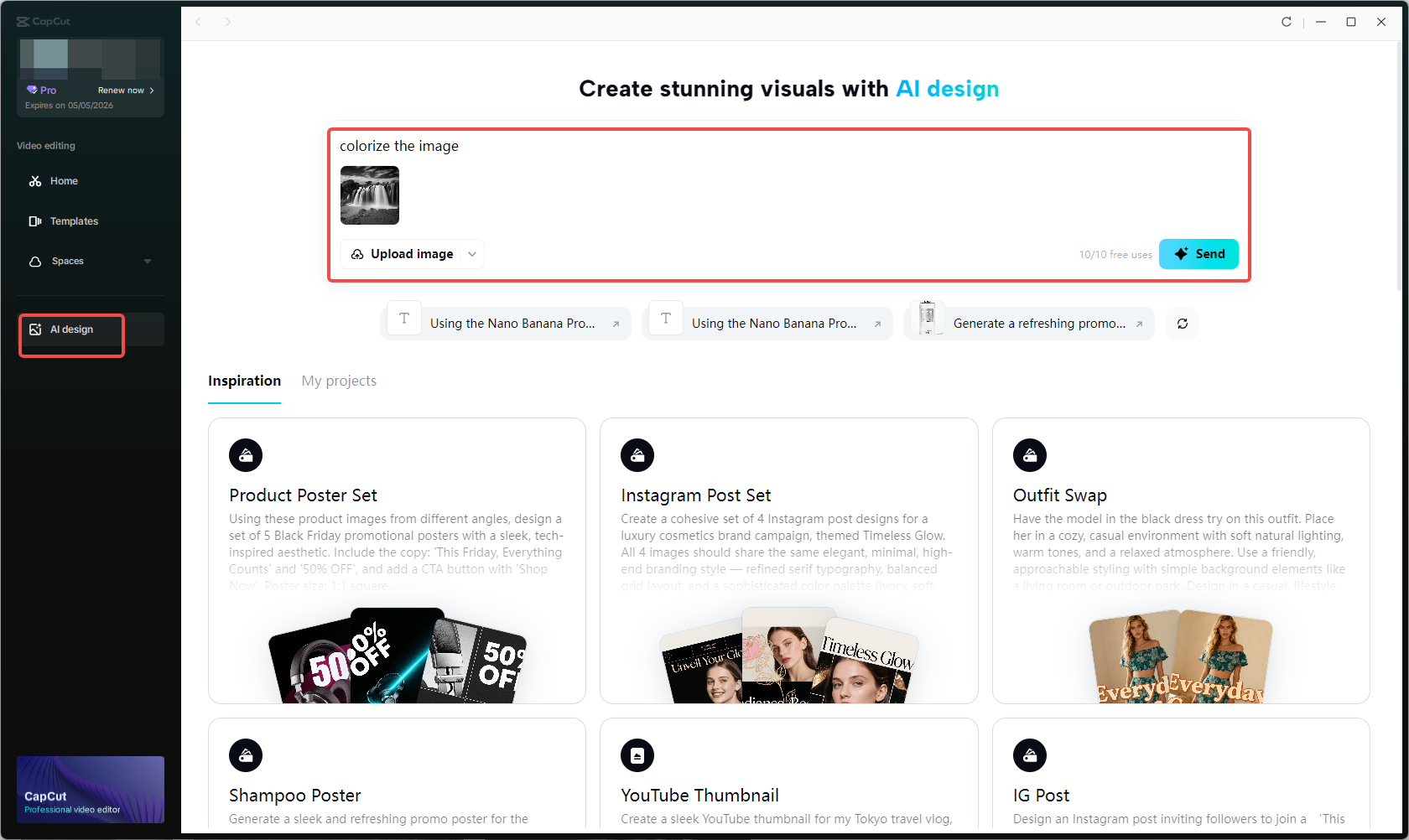 Upload your black-and-white photo to CapCut AI design tool