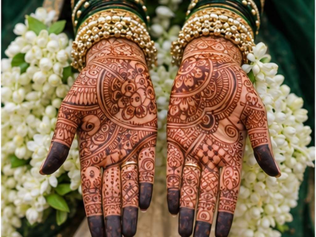 Mehndi nupcial indio, indicaciones de IA, ejemplo rápido 2: primer plano de la mano de henna