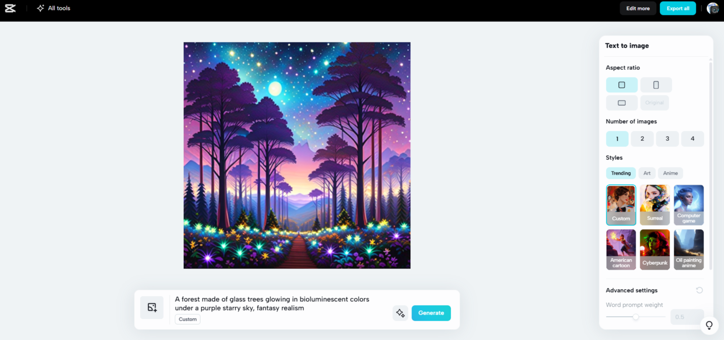 Interface of CapCut Web - a tool for fast image generation 