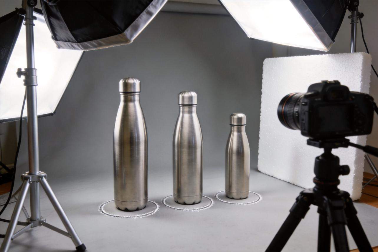 Three stainless steel water bottles arranged in a product photo studio with lights and a camera on a tripod.
