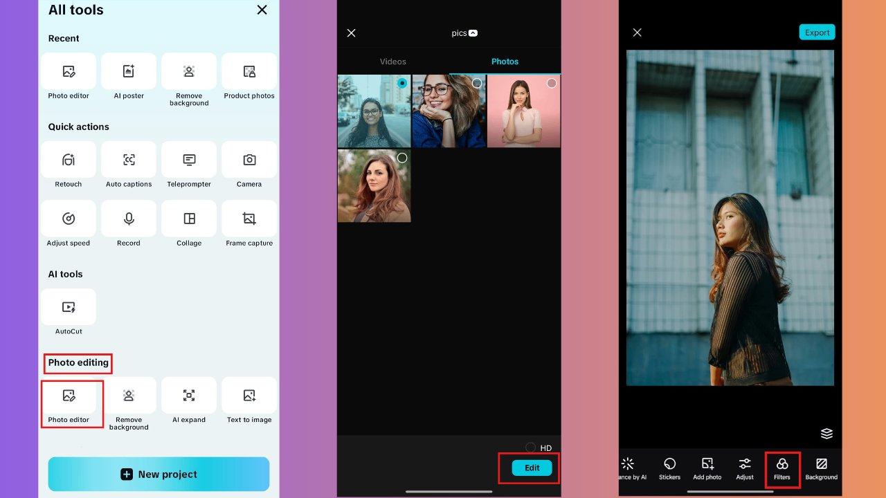 Upload photo and access filters