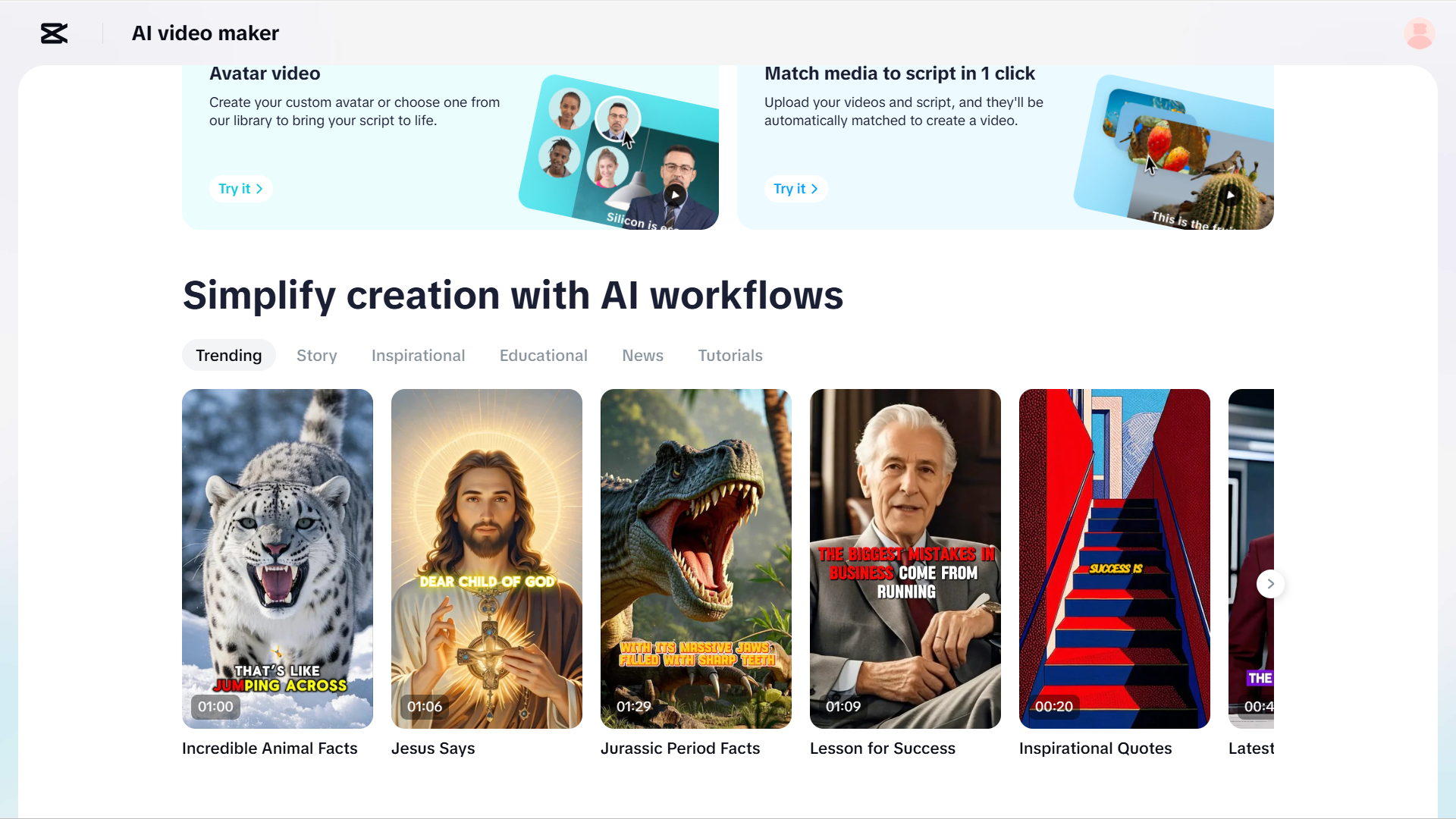 CapCut Web's AI video templates