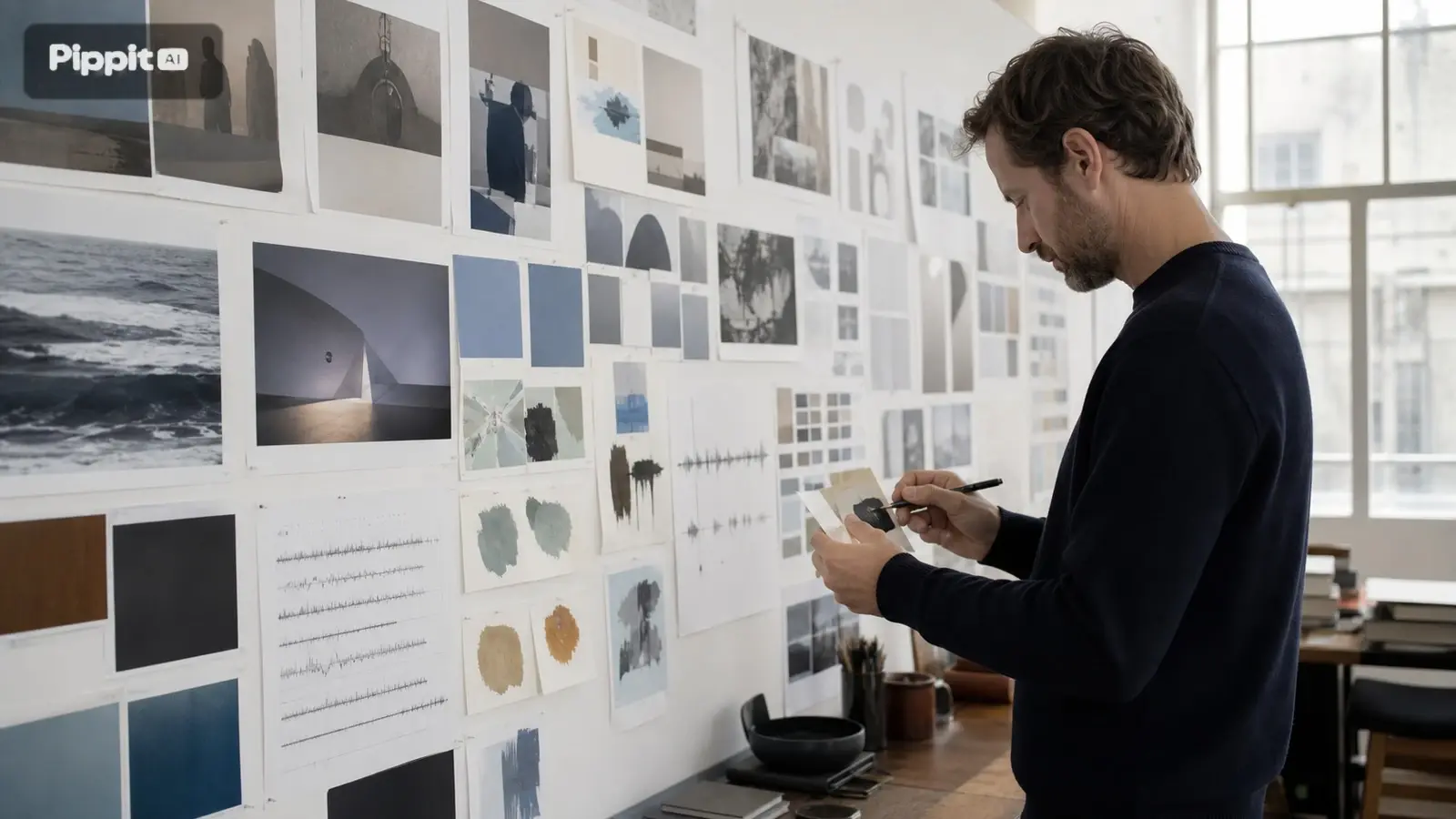 Man studying a wall of reference images and color swatches while holding a sample card