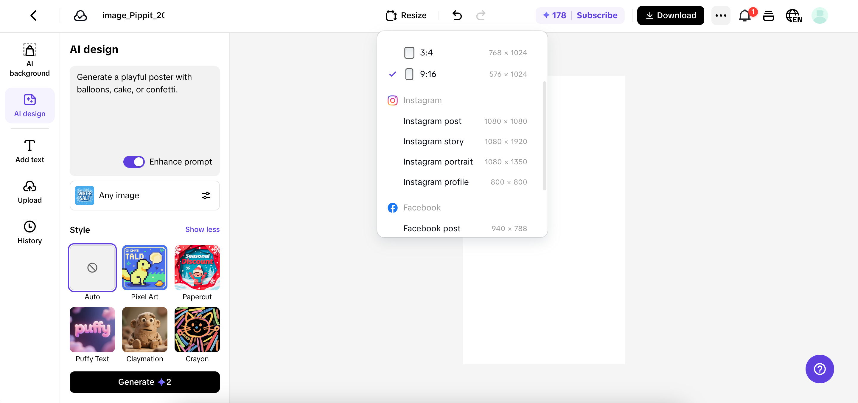 Enter prompt, choose image type and style