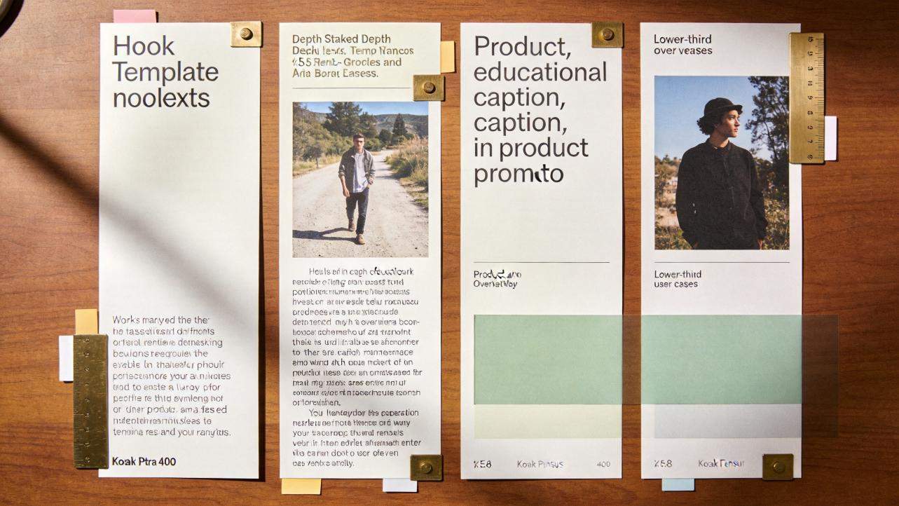 Four typography layout mockups arranged on a wooden desk, with text blocks, photos, rulers, and colored overlays.
