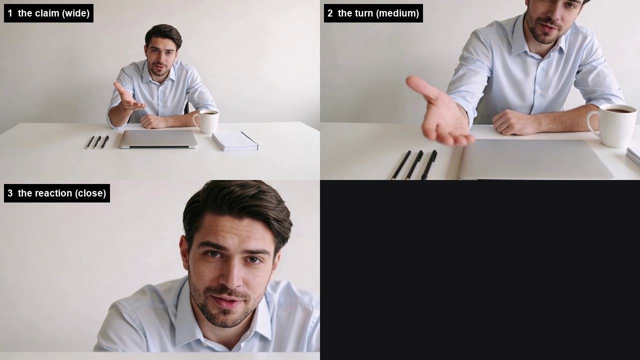 Three stills of the same man at a very tidy desk: a wide shot with a laptop, three pens and a white mug, a medium shot from the waist up with the mug near his elbow, and a close shot of his head and shoulders.