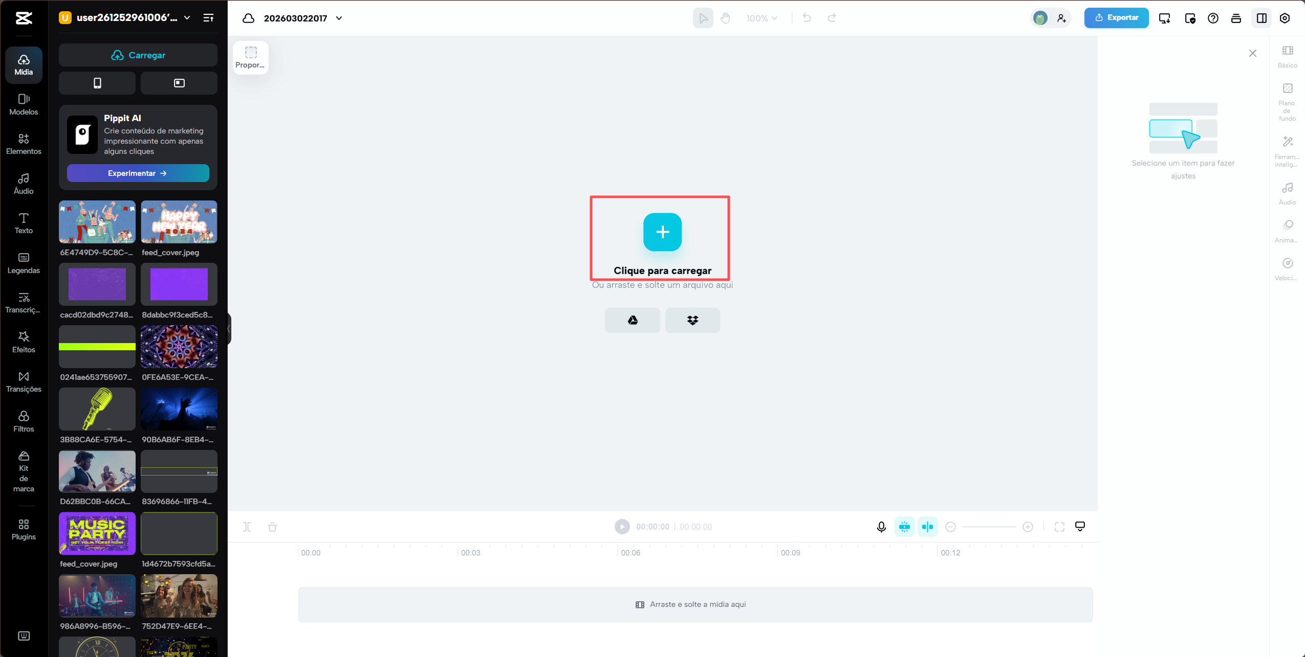 Video upload button in CapCut