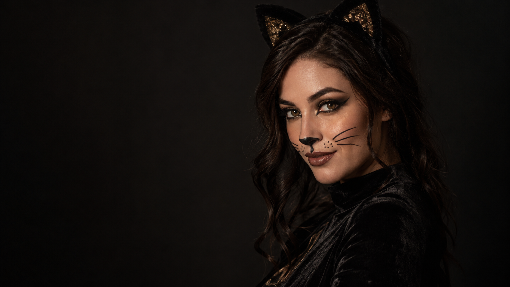 Glam Feline Portrait: Isang kathang-isip na babaeng nasa hustong gulang na may dramatic feline liner, banayad na gold shimmer, tumpak na whisker accent at black velvet na damit, eleganteng low-key studio lighting.