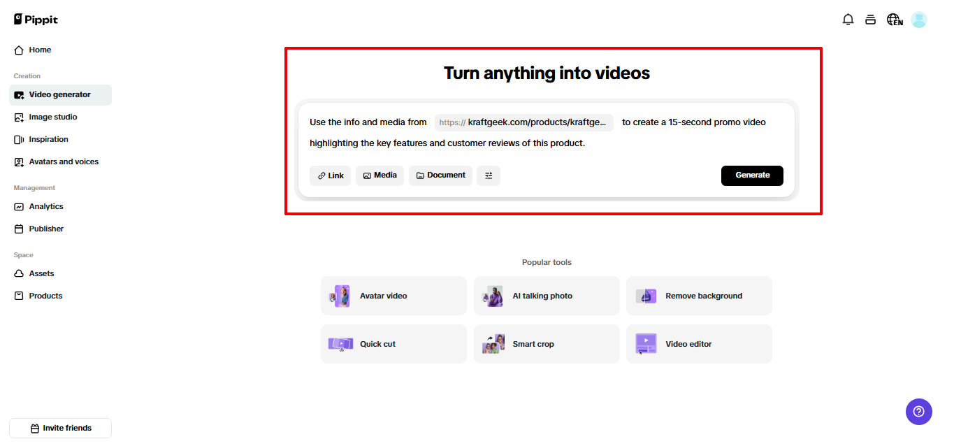 Entering prompt in Pippit video generator