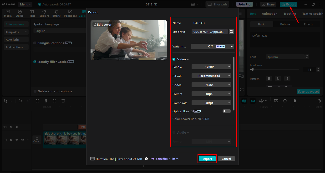 Exporting the video from the CapCut desktop video editor
