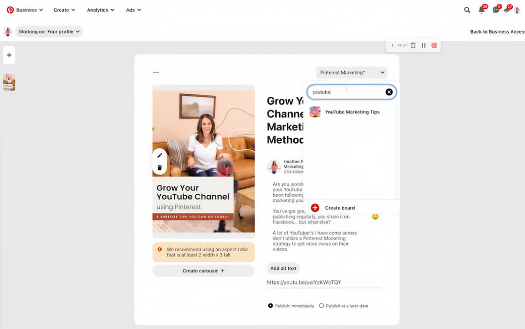 Promova o canal do YouTube no Pinterest