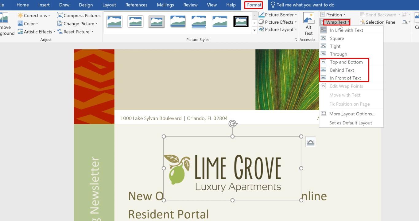 Choosing a style to wrap text around a picture in Word