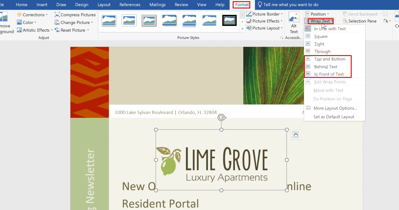 Choosing a style to wrap text around a picture in Word