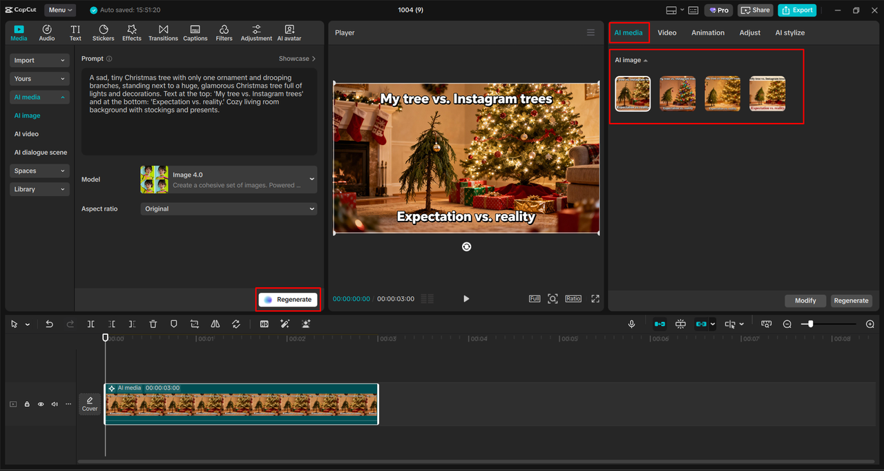 Converting text to a Christmas meme in the CapCut desktop video editor 
