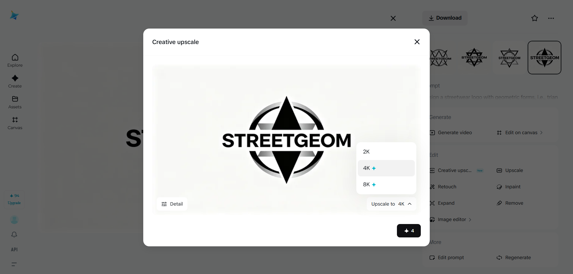 Sharpen streetwear logo design using the creative upscale tool of Dreamina