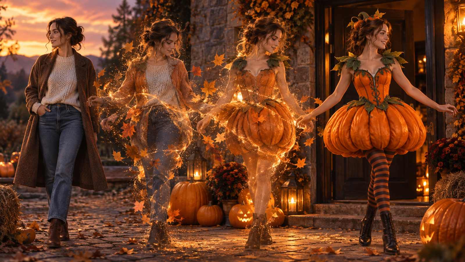 Pumpkin costume transformation keyframe: Split moment keyframe of fictional adult turning from plain autumn clothes into playful pumpkin-inspired costume, clear progression