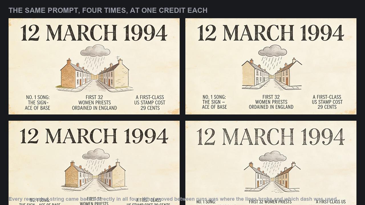Four generated posters in a two by two grid, all reading 12 MARCH 1994 with the same three lines of text, differing only in line breaks.