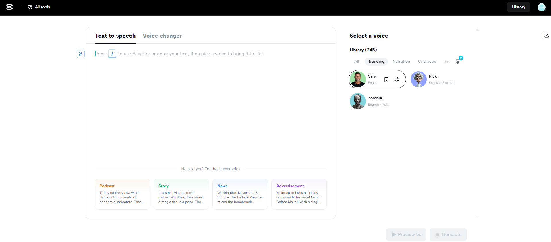 Инструмент преобразования текста в речь CapCut Web