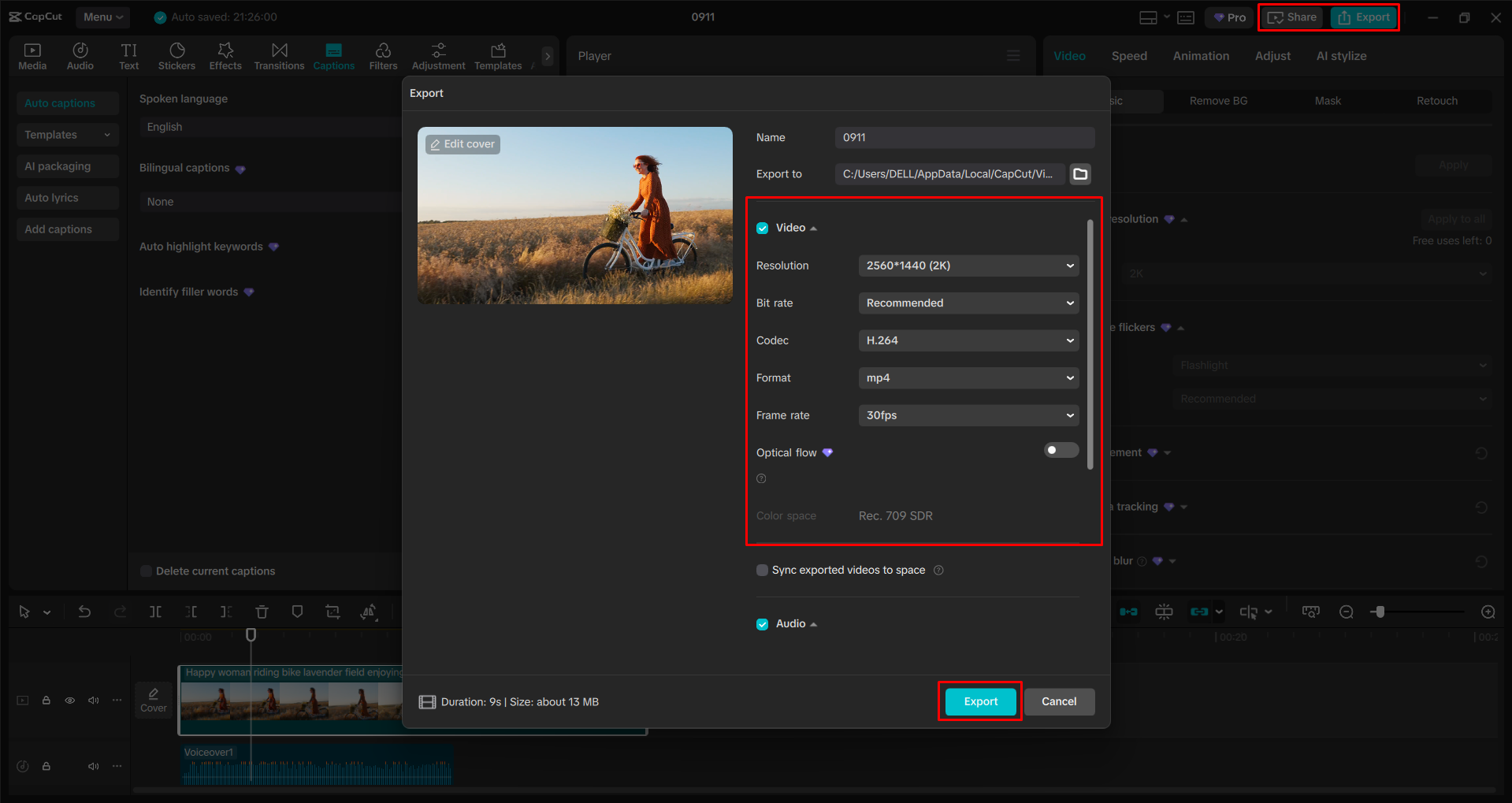 تصدير فيديو من محرر فيديو سطح المكتب CapCut