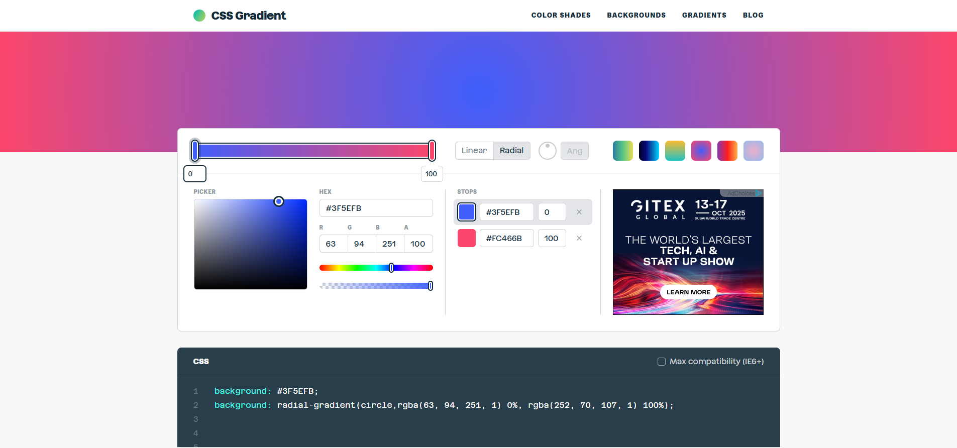 Interface of CSS Gradient - an easy to use gradient background generator