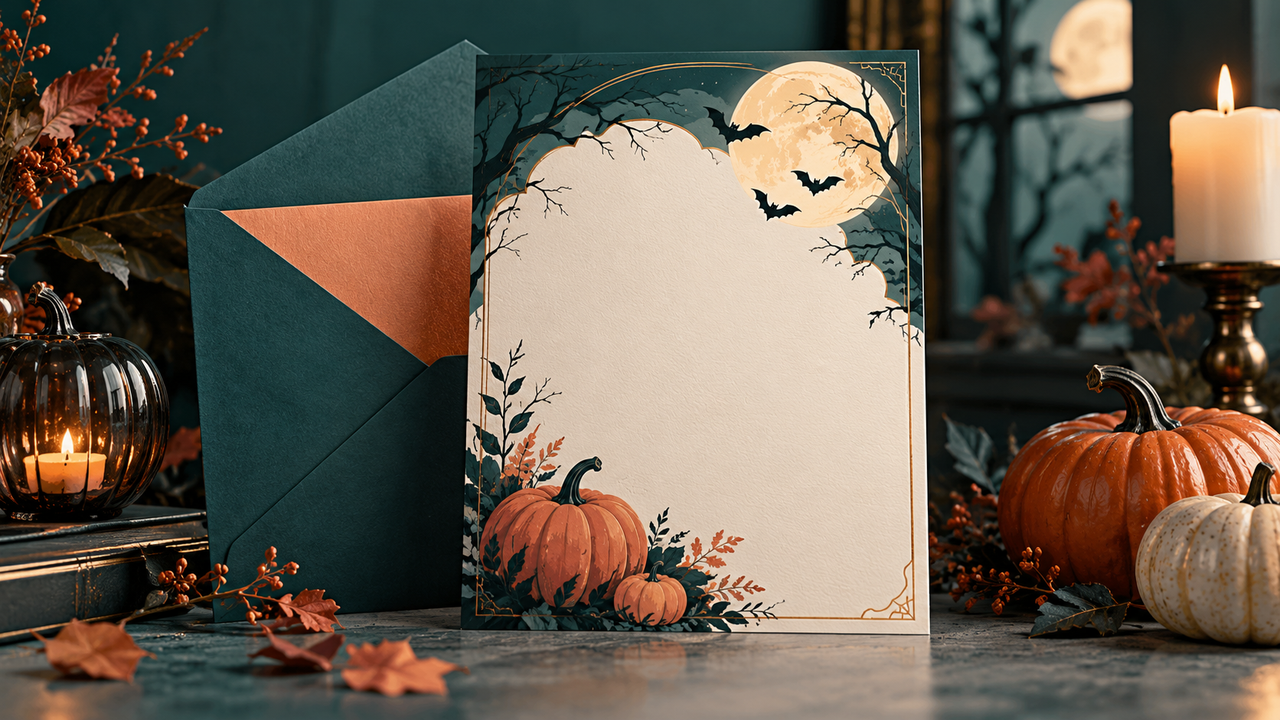 A pumpkin-and-moon invitation with blank details space and envelope