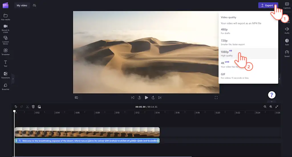 Videó véglegesítése a Clipchamp-ben
