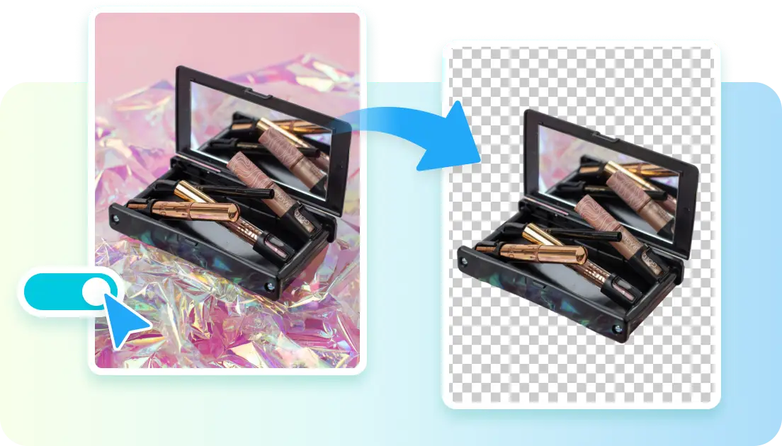 Makeup palette changes from a colorful reflective backdrop to a transparent checkerboard