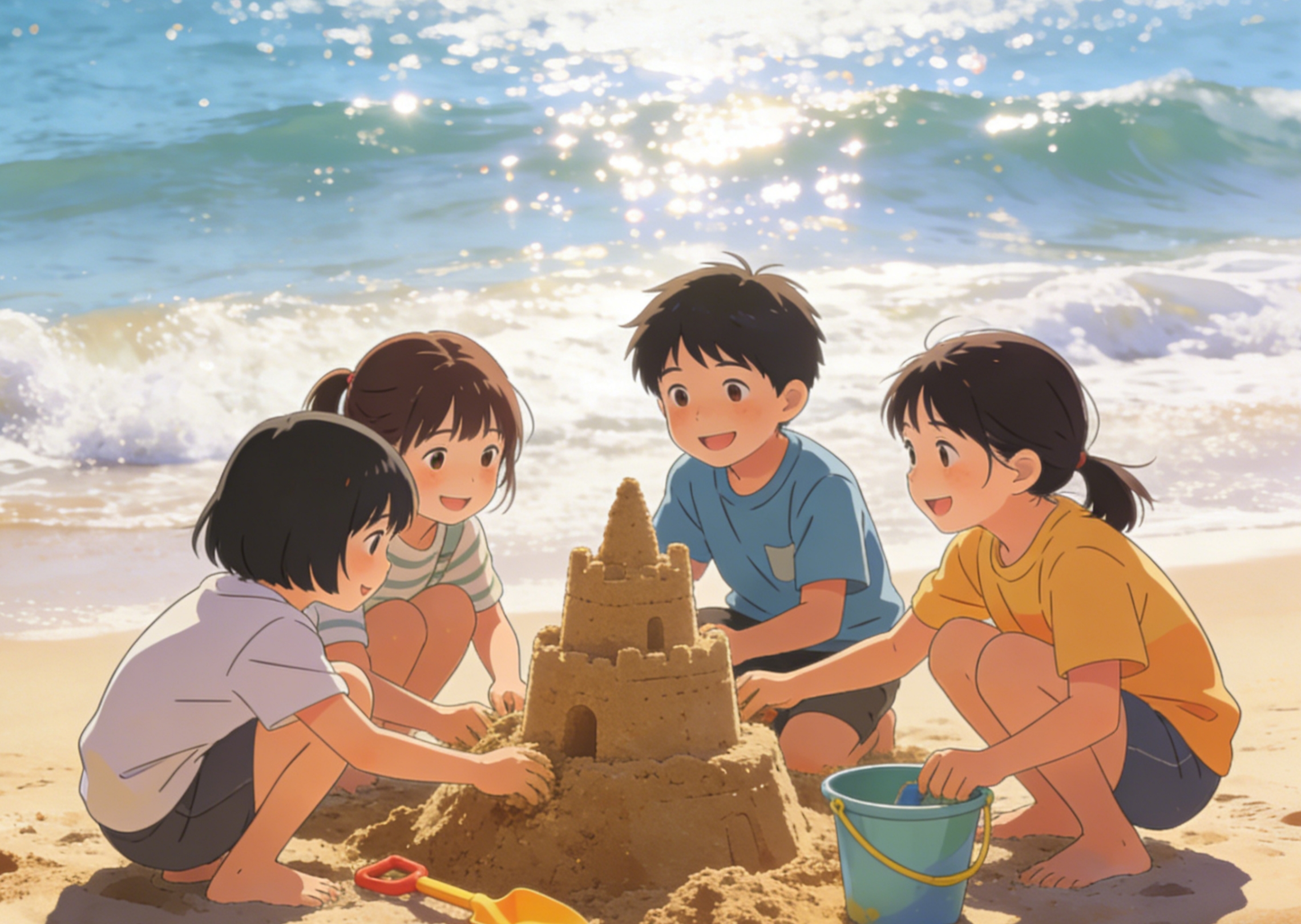 Sahilde kumdan kaleler inşa eden çocukların bir hikaye videosu oluşturun