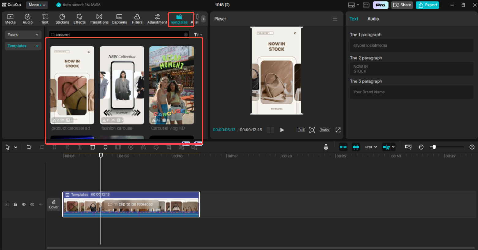 Accessing the "Templates" option in CapCut
