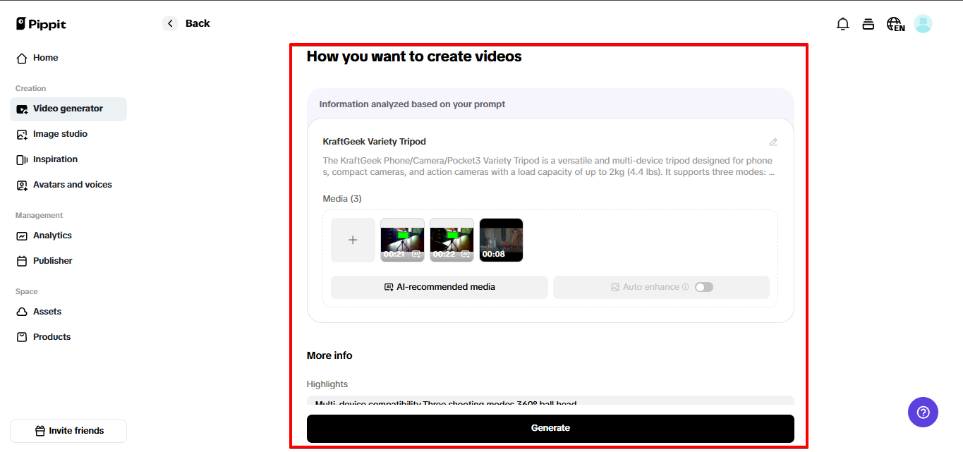 Gerando vídeo no Pippit