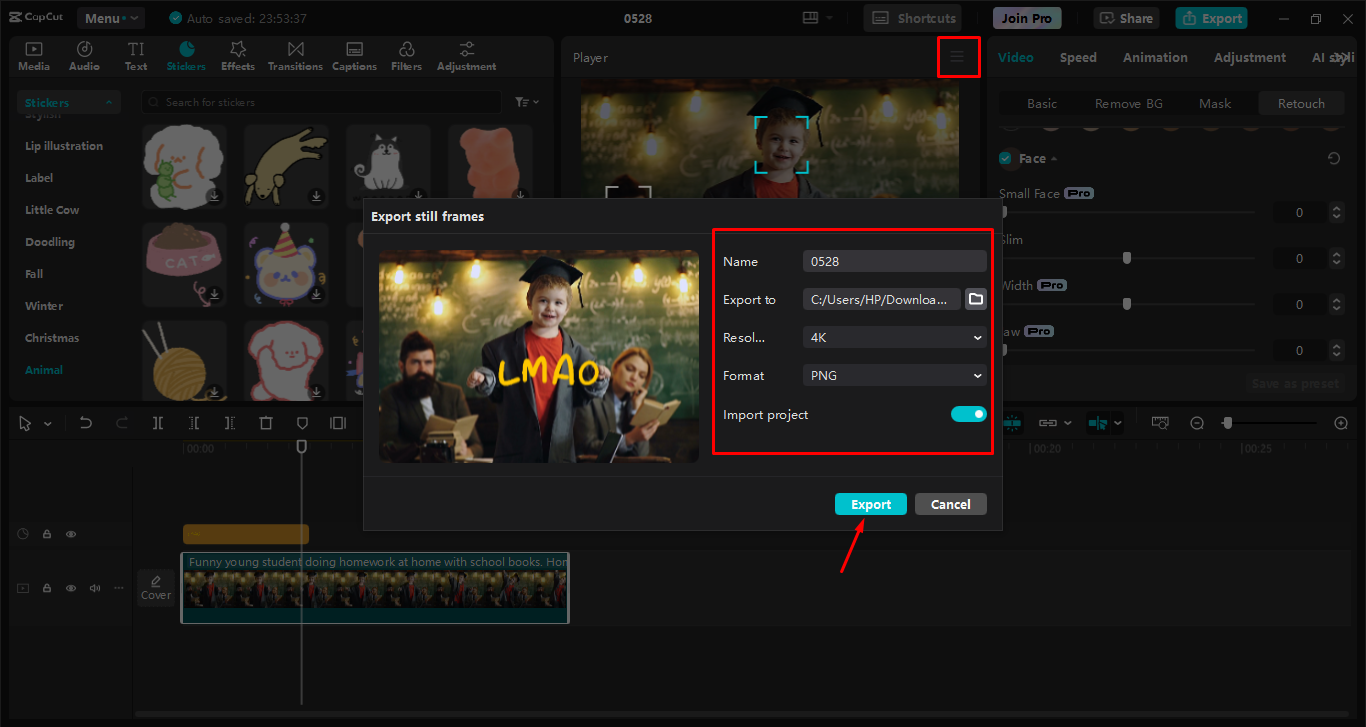 Exporting the final image from the CapCut desktop video editor