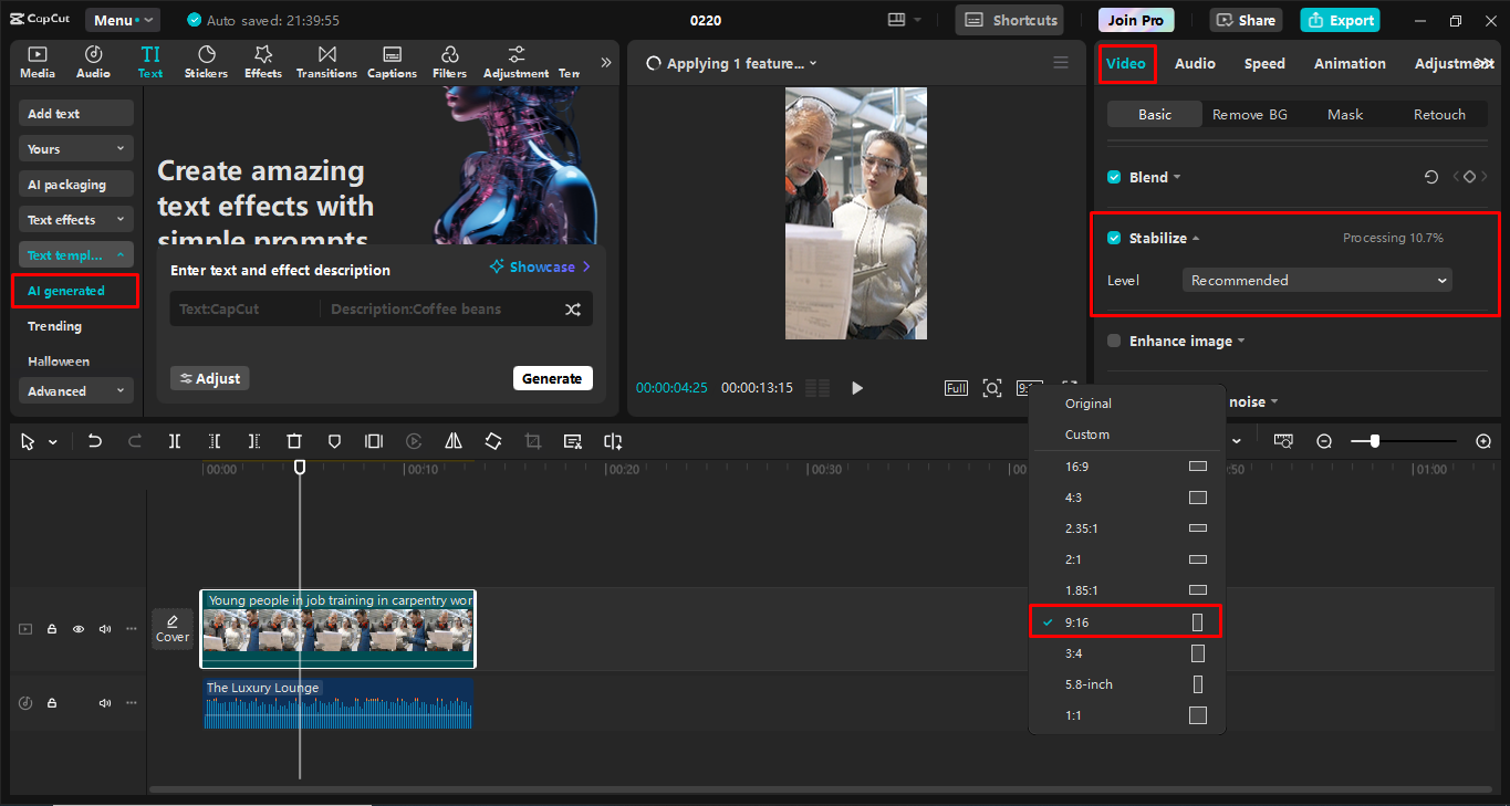 Modification de la bobine dans l' CapCut éditeur vidéo de bureau