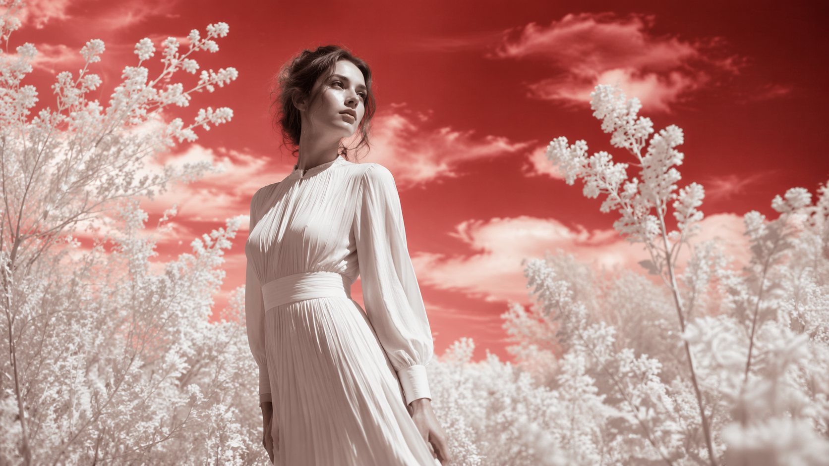 Dreamina Infrared Photo Filter podpowiedź przykład 4: Crimson Sky Portrait