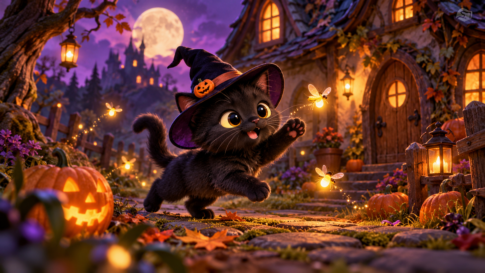 spooky cuties AI video: Cute Black Kitten in a Miniature Witch Hat