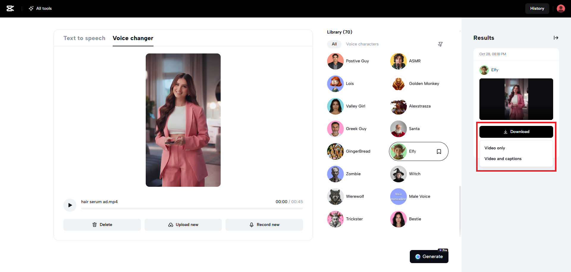 Export your voice changed file (video/audio)