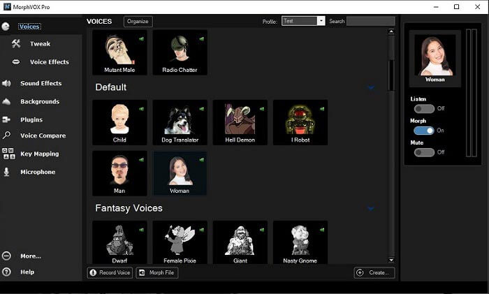 Interface of MorpVOX - the most liked voice changer for OBS