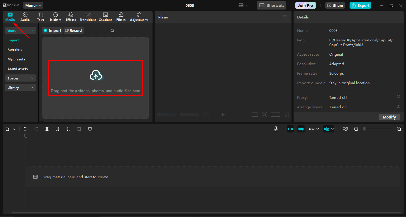 Uploading a video to the CapCut desktop video editor