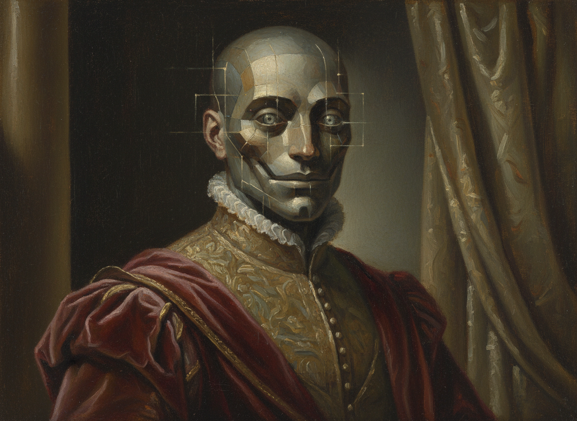 Anonymous AI avatar oil painting classic portrait style, Renaissance texture study with subtle sfumato, muted earth palette, visible canvas tooth, period attire hints.
