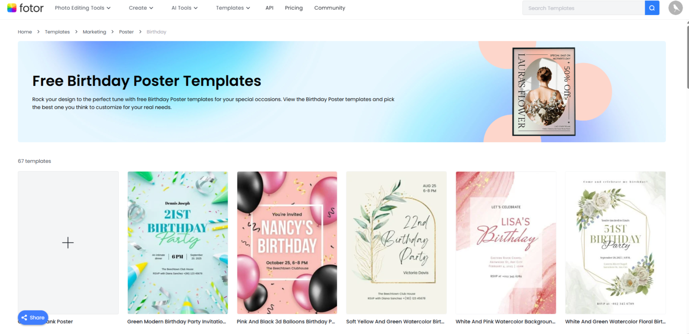 Interface of Fotor - a good tool to edit birthday poster templates