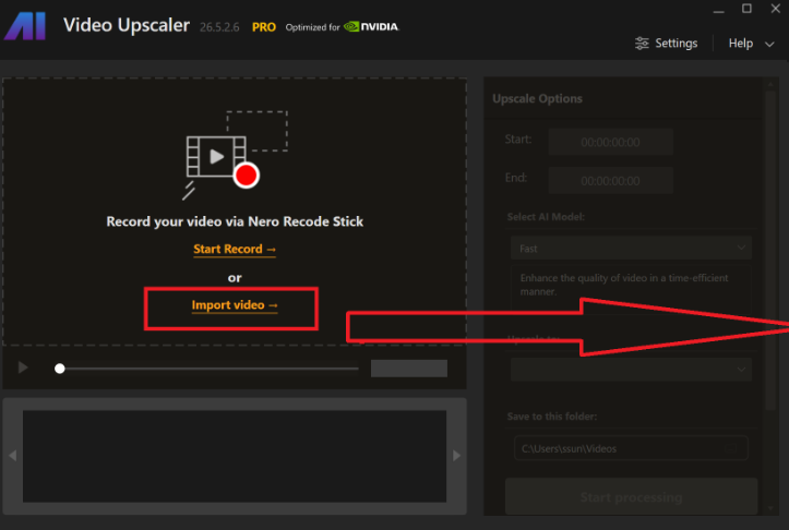 Importing a video into the Nero AI video upscaler