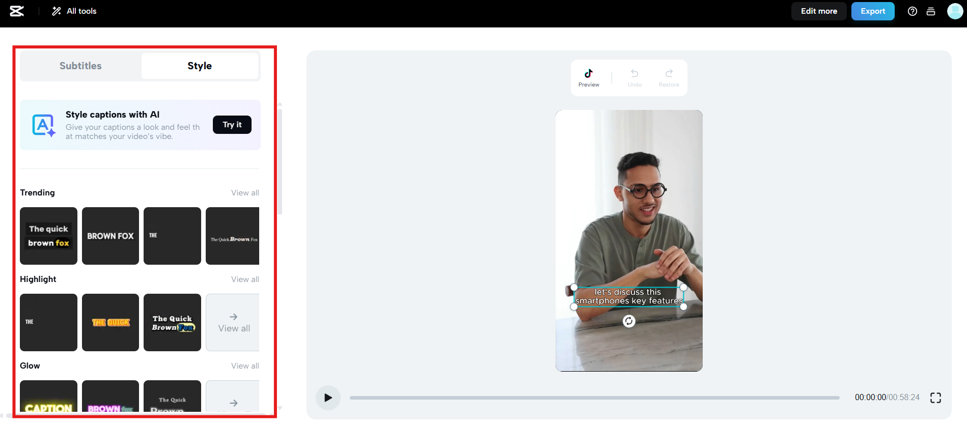 Buat, pilih gaya caption, dan sesuaikan.