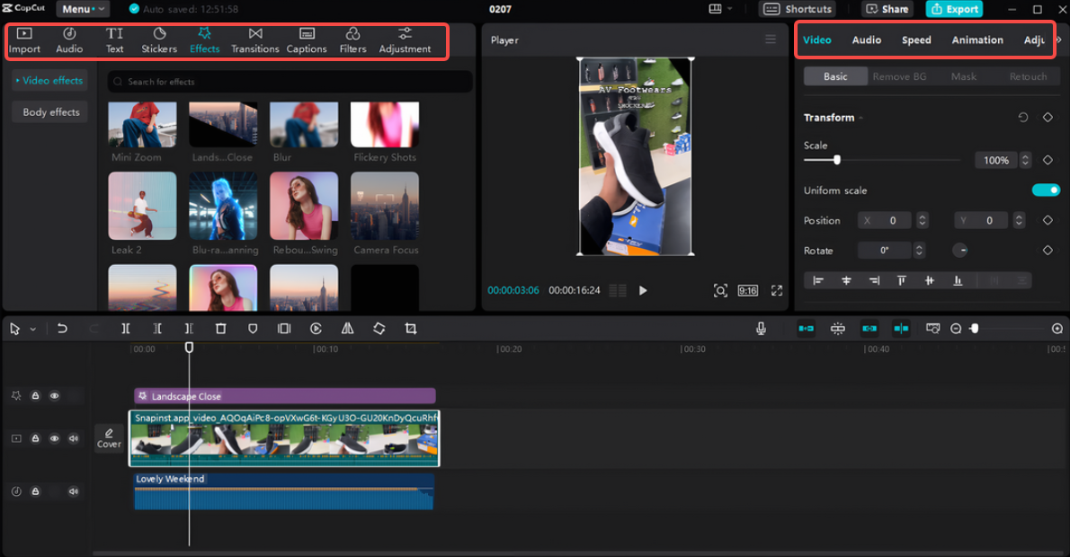Editing and enhancing the Instagram Reel in CapCut