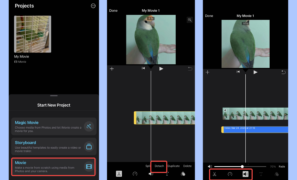 Jak oddělit zvuk od videa v iMovie na iPhone / iPad