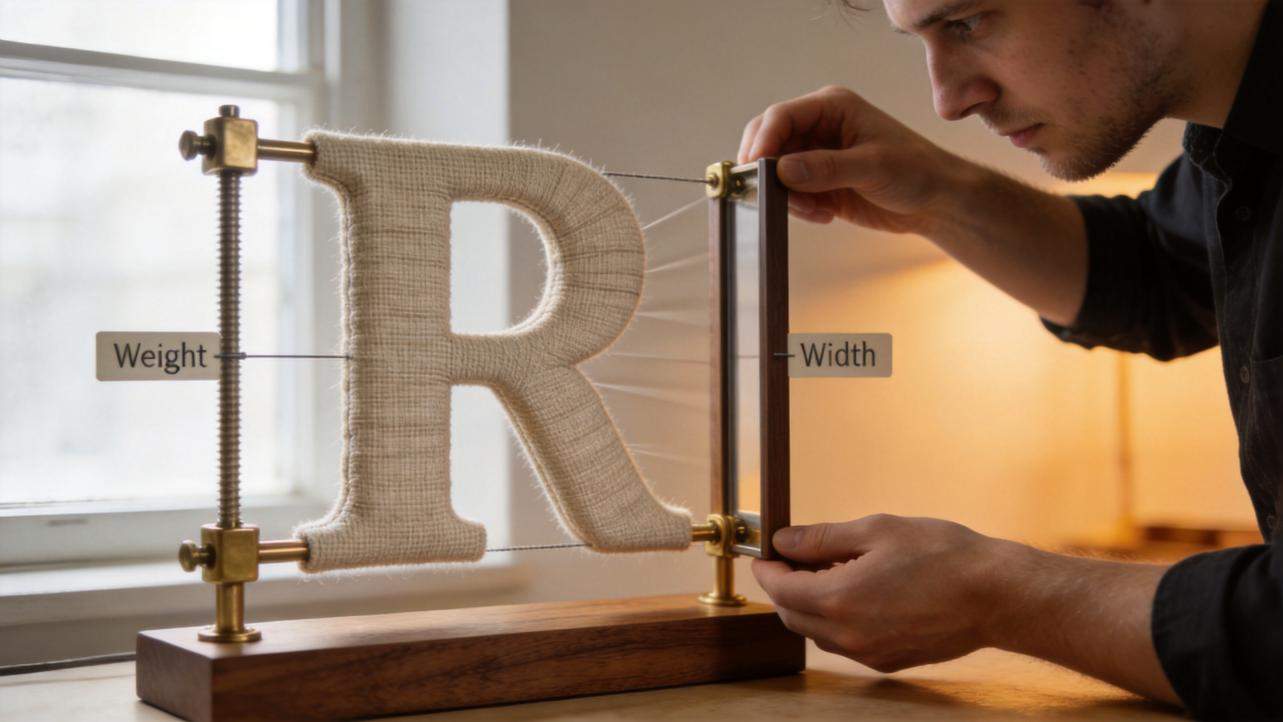 Man adjusting a large fabric letter R between labels for weight and width